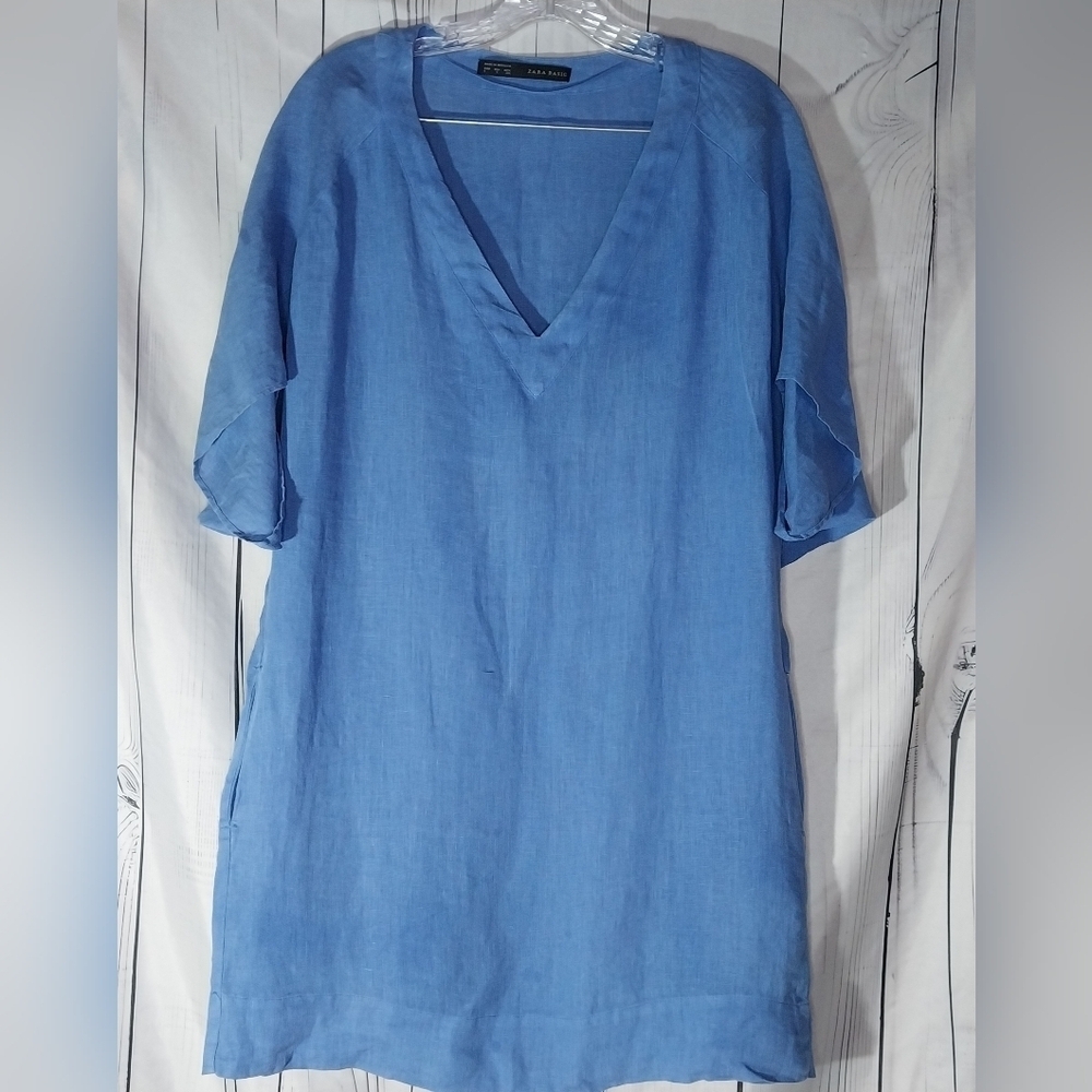 Zara Basic 100% Linen Blue V-Neck Relaxed Fit Everyday Casual Shift Dress Size S